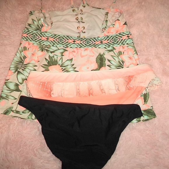 3 PC SWIMSUIT BIKINI FLORAL HALTER TOP TANKINI OP TIME AND TRU-WOMENS SIZE XL - Picture 8 of 8